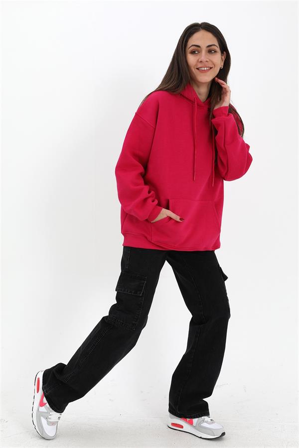 Kapüşonlu Kanguru Cepli Oversize Sweatshirt - Fuşya
