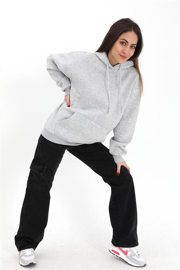 Kapüşonlu Kanguru Cepli Oversize Sweatshirt - Gri