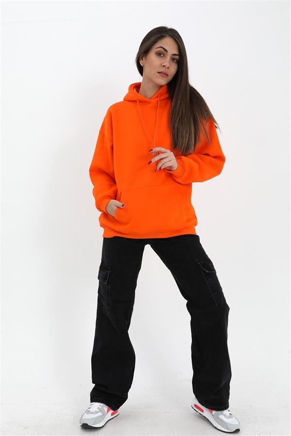 Kapüşonlu Kanguru Cepli Oversize Sweatshirt - Turuncu