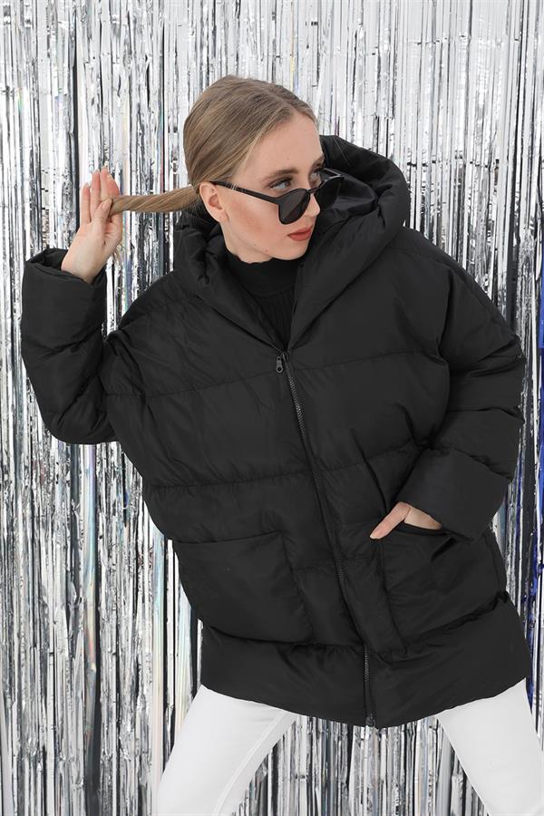 Kapüşonlu Kısa Oversize Şişme Mont - Siyah