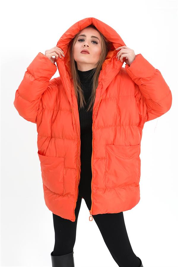 Kapüşonlu Kısa Oversize Şişme Mont - Turuncu