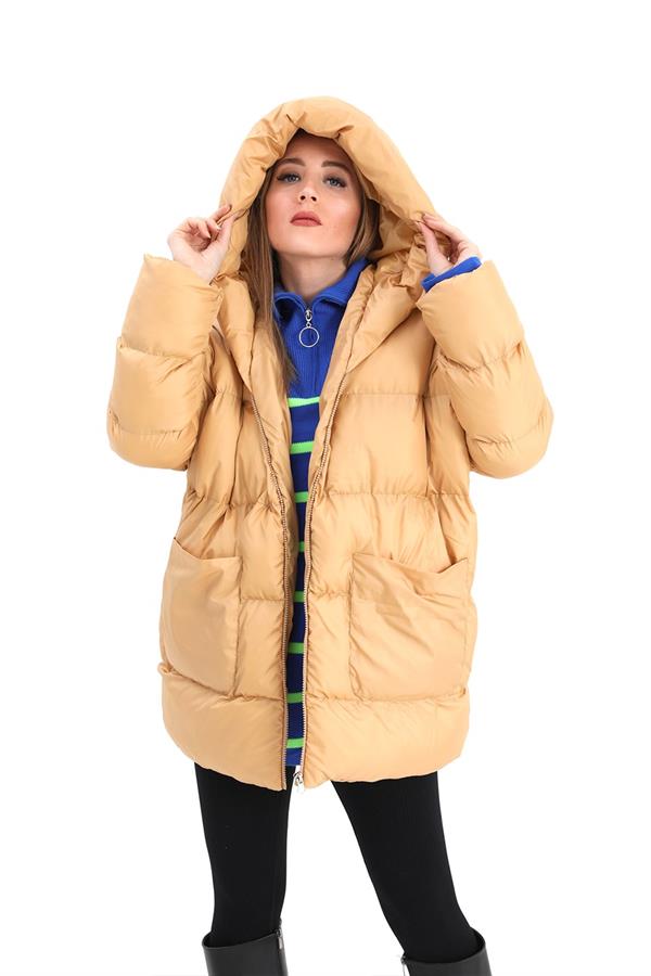 Kapüşonlu Kısa Oversize Şişme Mont - Vizon