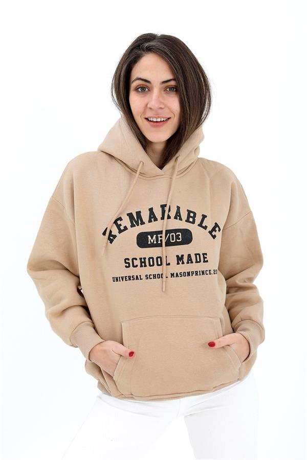Kapüşonlu School Baskılı Üç İplik Sweat - Bej