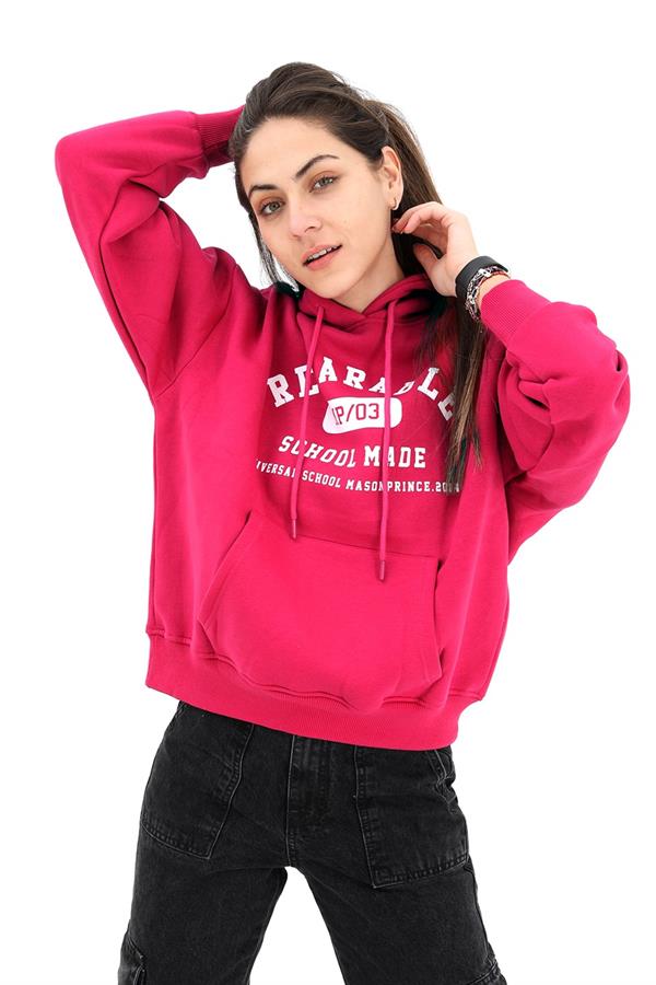 Kapüşonlu School Baskılı Üç İplik Sweat - Fuşya