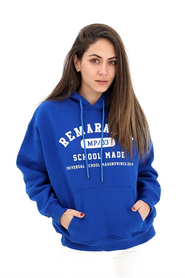 Kapüşonlu School Baskılı Üç İplik Sweat - Mavi