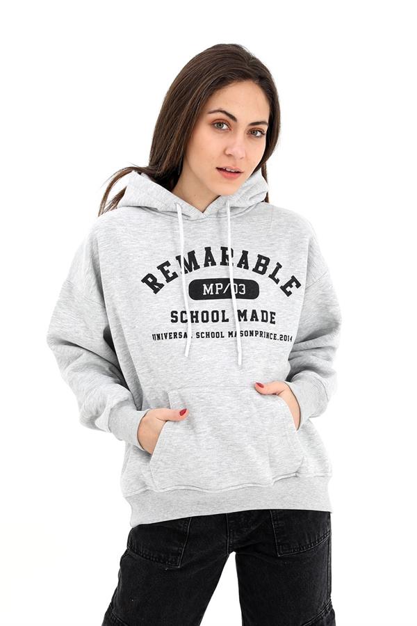Kapüşonlu School Baskılı Üç İplik Sweat - Gri