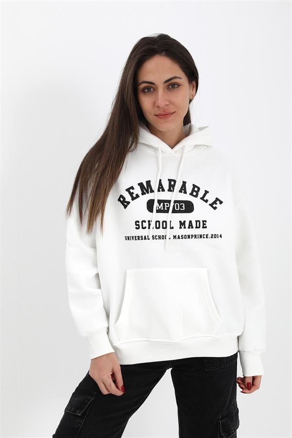 Kapüşonlu School Baskılı Üç İplik Sweat - Ekru