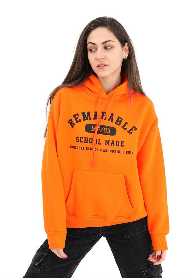 Kapüşonlu School Baskılı Üç İplik Sweat - Turuncu