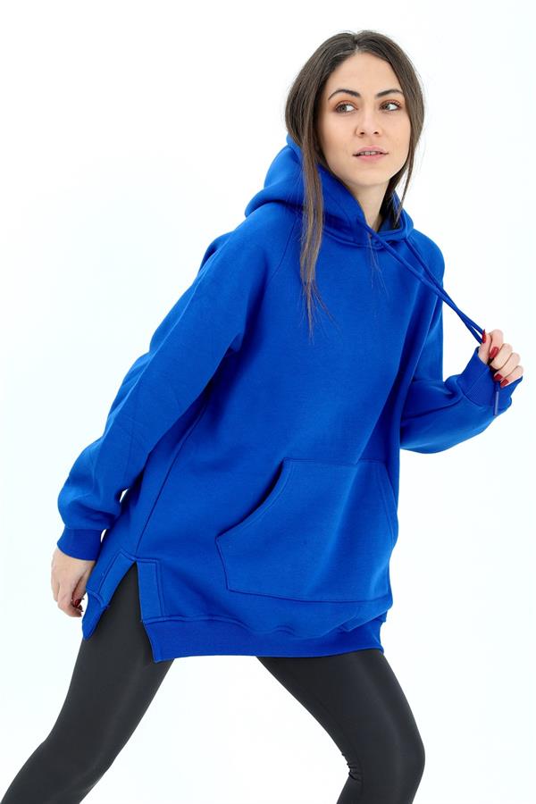 Kapüşonlu Yanı Yırtmaçlı İç Üplik Sweat - SaksMavisi