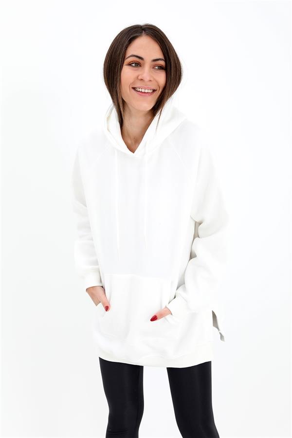 Kapüşonlu Yanı Yırtmaçlı İç Üplik Sweat - Ekru