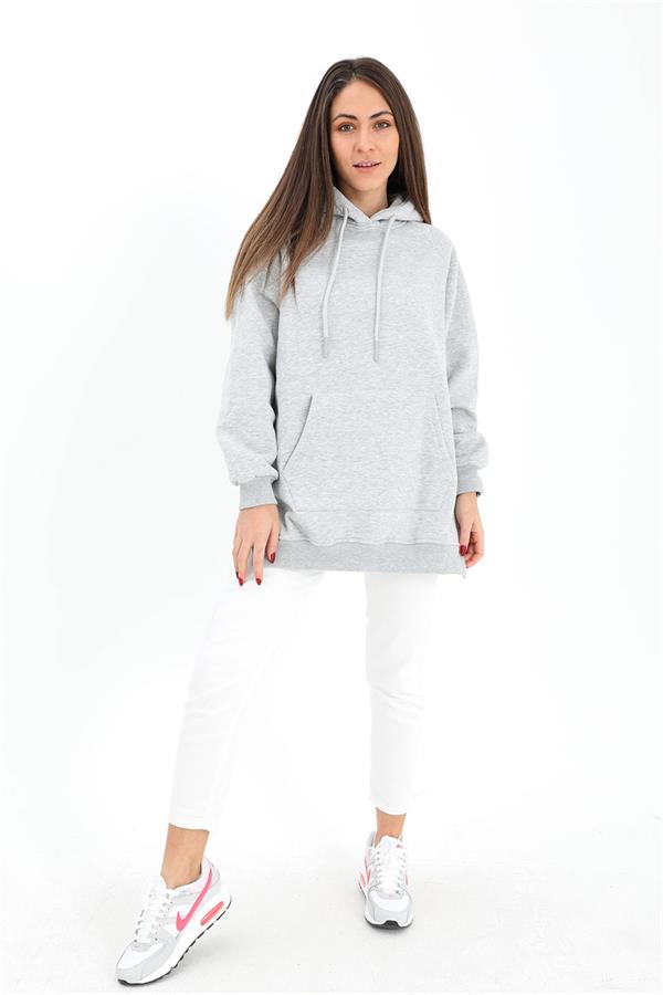 Kapüşonlu Yanı Yırtmaçlı İç Üplik Sweat - Gri