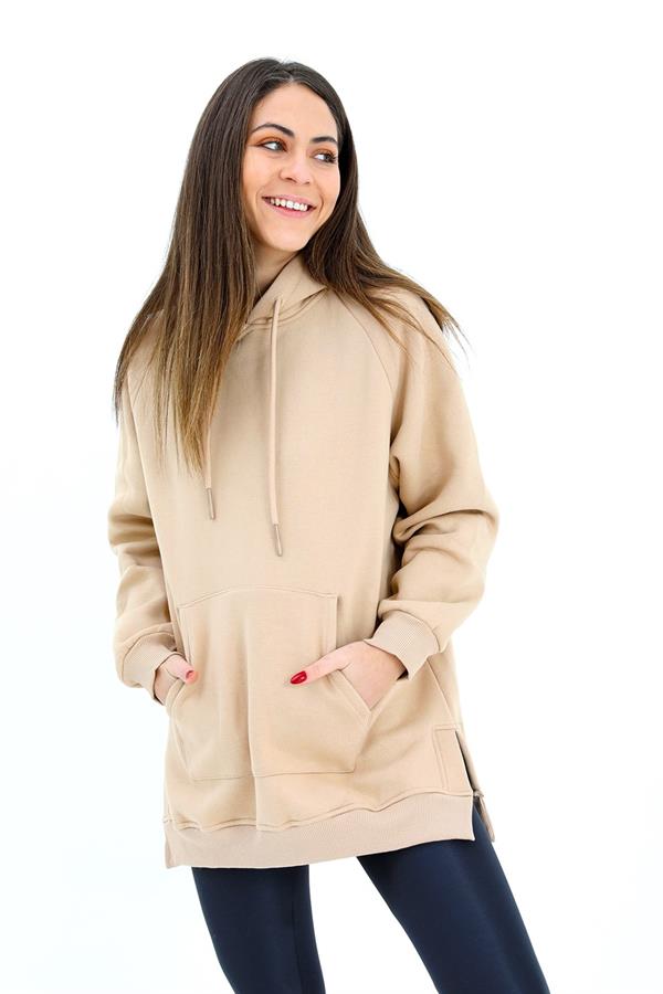Kapüşonlu Yanı Yırtmaçlı İç Üplik Sweat - Bej