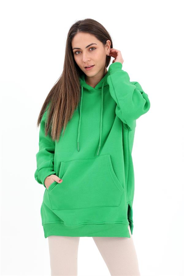 Kapüşonlu Yanı Yırtmaçlı İç Üplik Sweat - Yeşil
