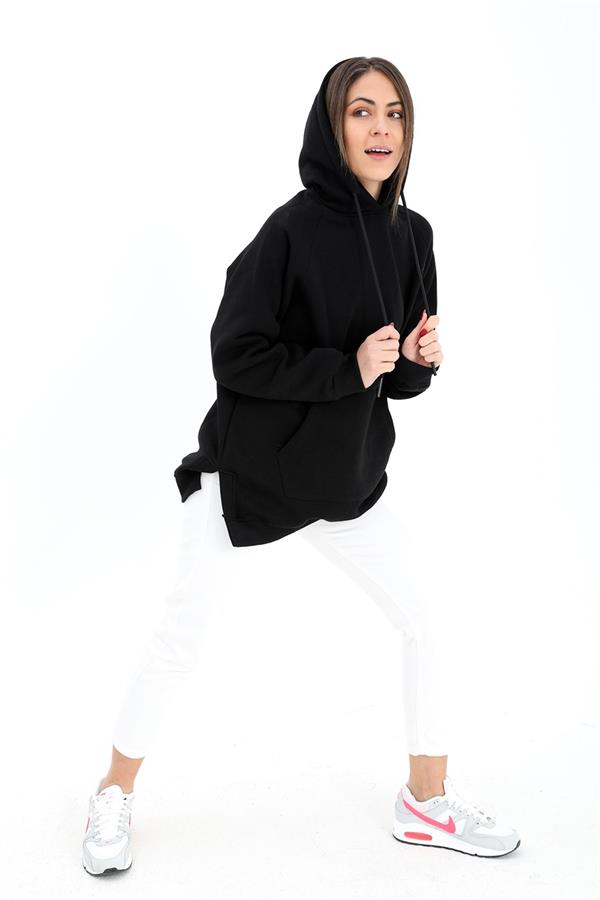 Kapüşonlu Yanı Yırtmaçlı İç Üplik Sweat - Siyah