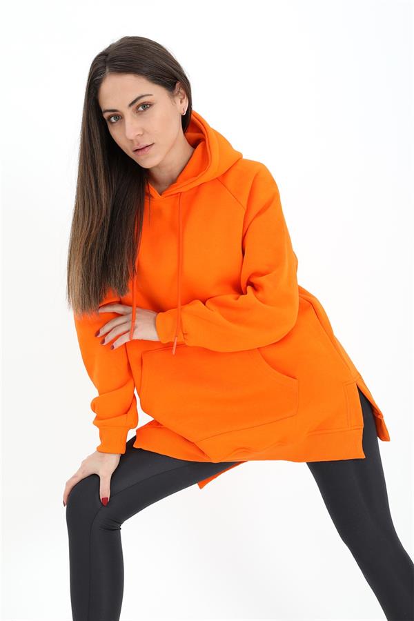 Kapüşonlu Yanı Yırtmaçlı İç Üplik Sweat - Turuncu