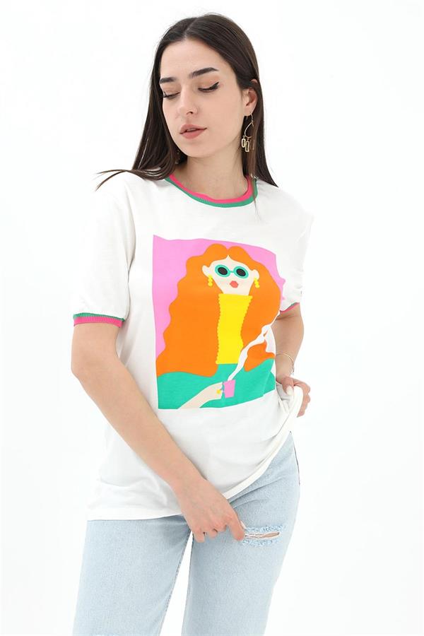 Kız Baskılı T-Shirt - Ekru