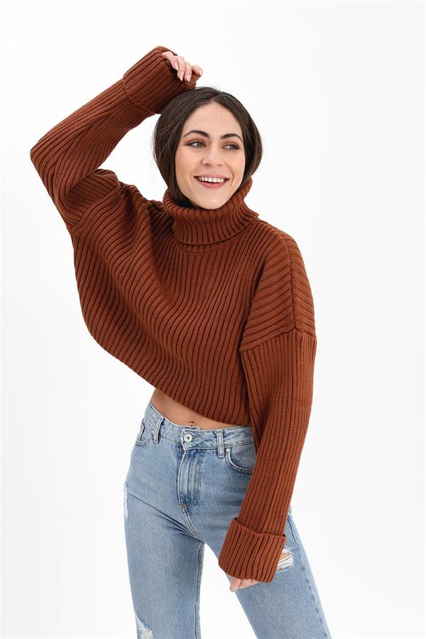 Kolları Katlamalı Balıkçı Yaka Kazak - Kahve