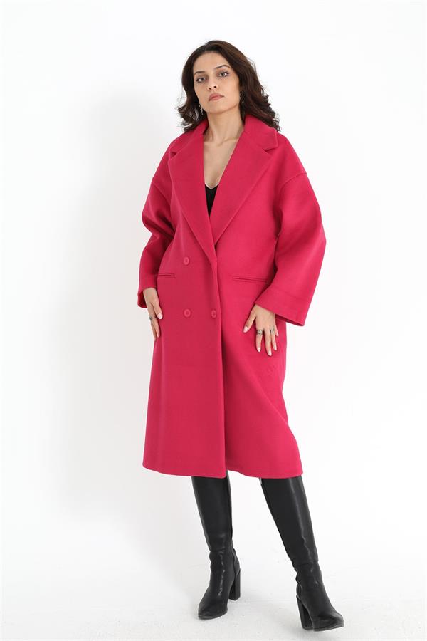 Kruvaze Yaka Uzun Kaşe Kaban - Fuşya