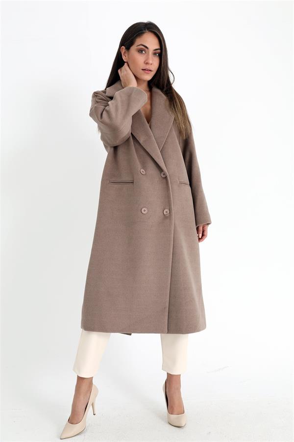 Kruvaze Yaka Uzun Kaşe Kaban - Vizon