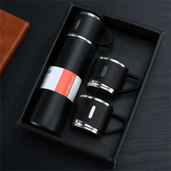 Kurumsal İş Hediyelik Paslanmaz Çelik 3 Bardak Setinden Oluşan Çift Yalıtımlı Vakumlu Termos Hediye Kutulu Siyah Renk