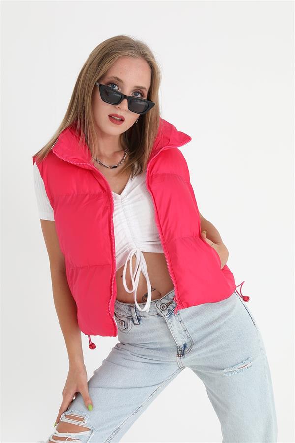 Önü Fermuarlı Paraşüt Kumaş Yelek - Fuşya