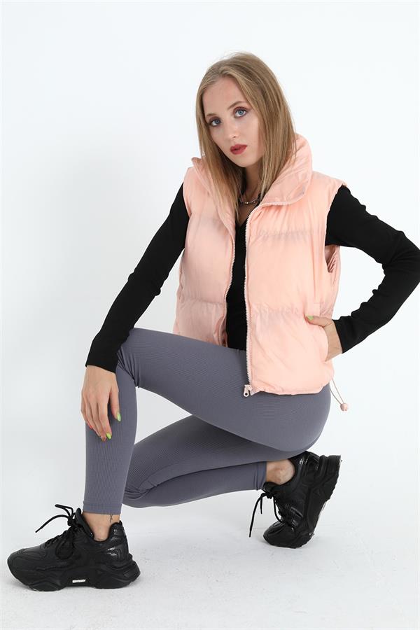 Önü Fermuarlı Paraşüt Kumaş Yelek - Pudra