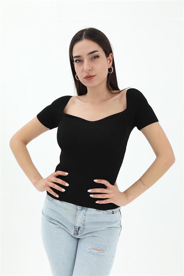 Prenses Yaka Kısa Kollu Triko  Kazak - Siyah
