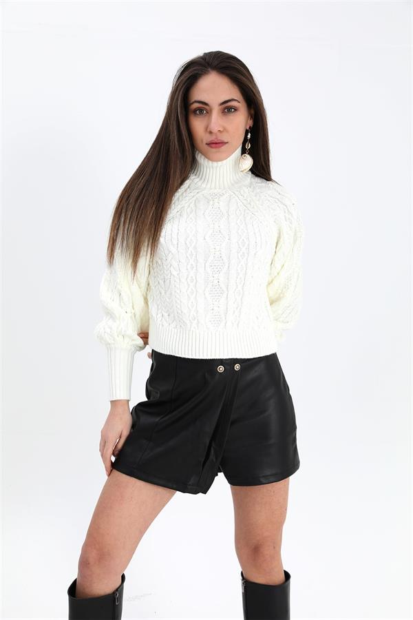Saç Örgülü Triko Kazak - Ekru