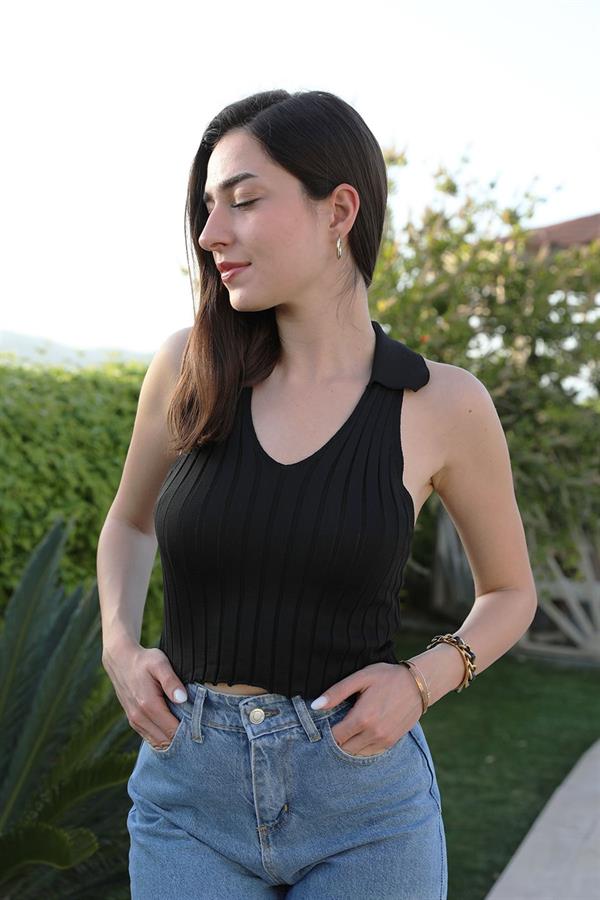 V Polo Yaka Atlet - Siyah