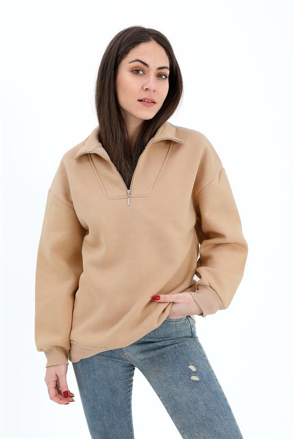 Yarım Fermuarlı Üç İplik Sweat - Bej