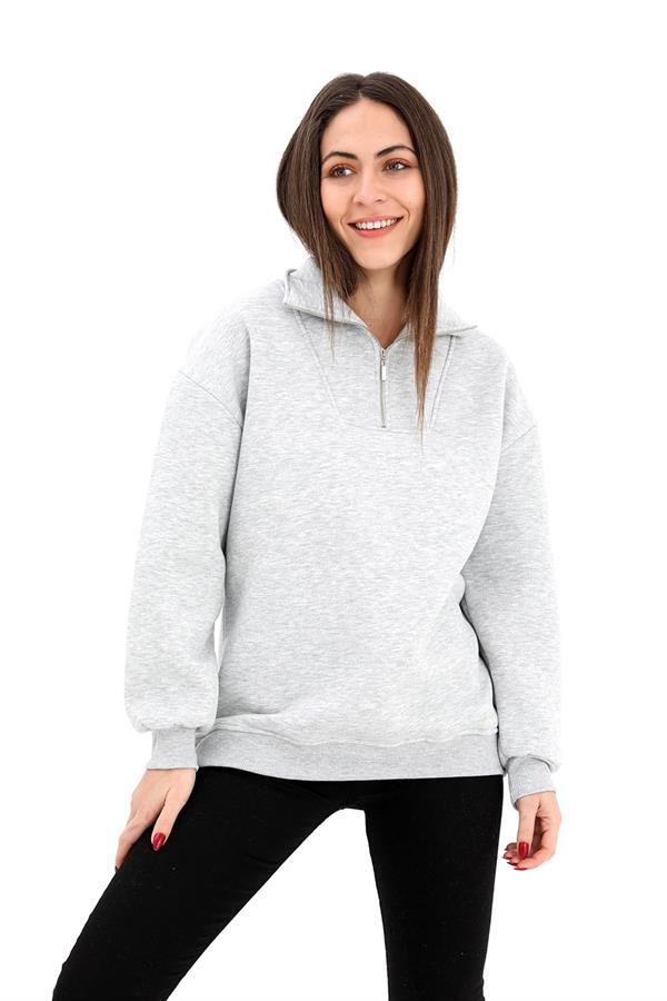Yarım Fermuarlı Üç İplik Sweat - Gri