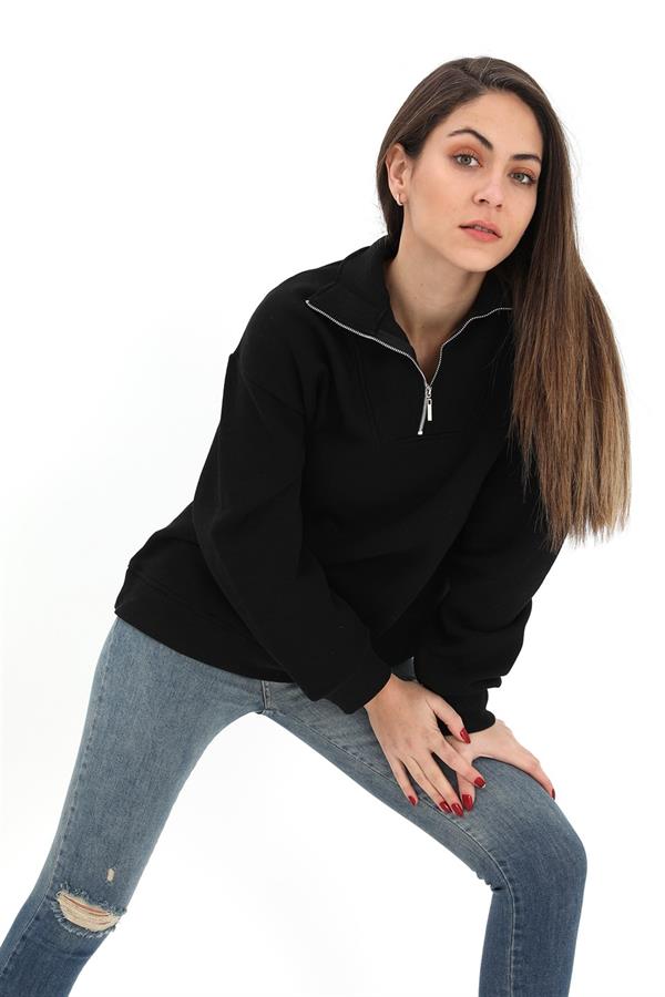 Yarım Fermuarlı Üç İplik Sweat - Siyah
