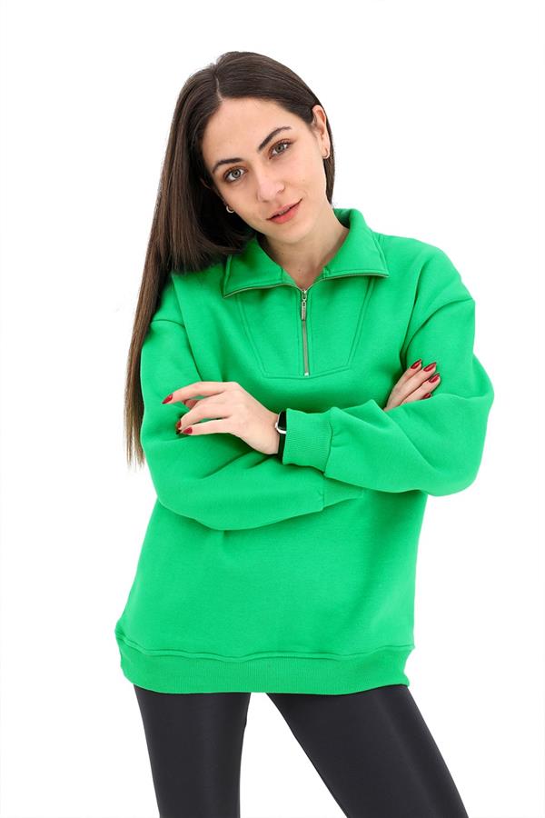 Yarım Fermuarlı Üç İplik Sweat - Yeşil