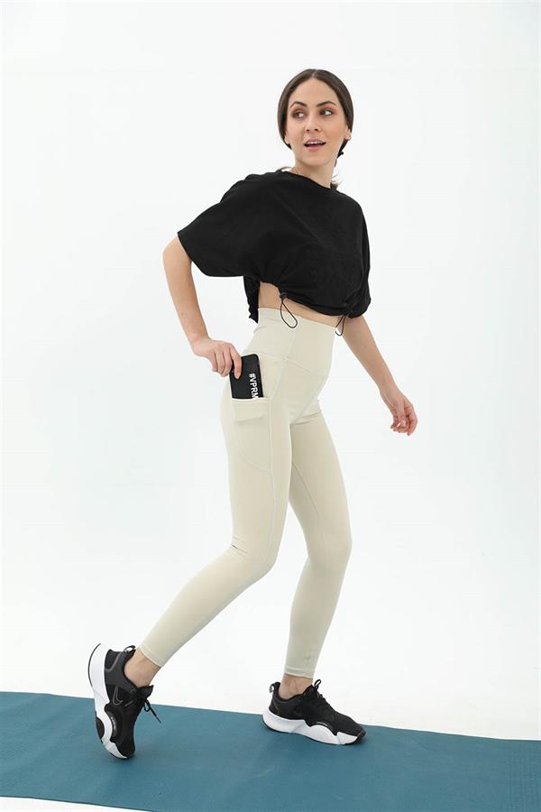 Yüksek Bel Slim Fit Cep Detaylı Tayt - Bej