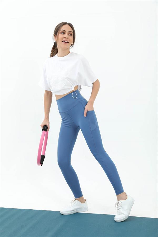 Yüksek Bel Slim Fit Cep Detaylı Tayt - İndigo