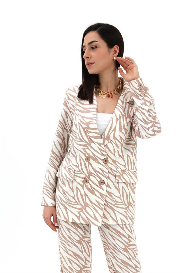 Zebra Desen Oversize Keten Ceket - Bej