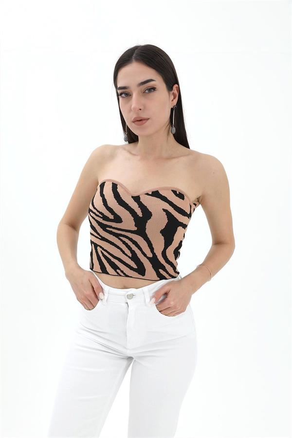 Zebra Desen Triko Crop - Camel