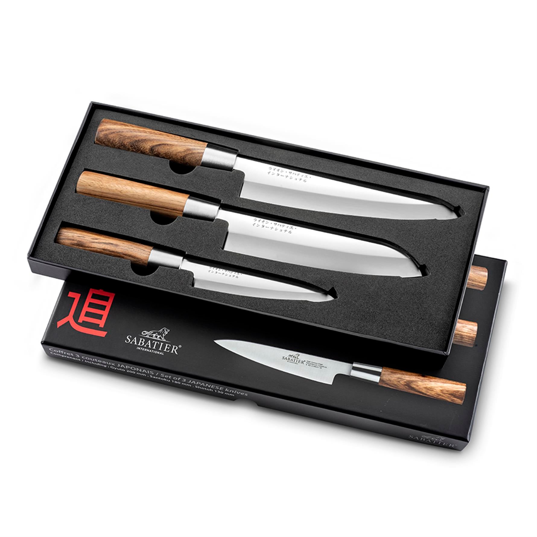 Sabatier Japon SGS virole inox hediye kutusu - Zebrano - Shotoh  Bıçağı 13cm, Deba 18 cm, Yanagiba 24 cm)