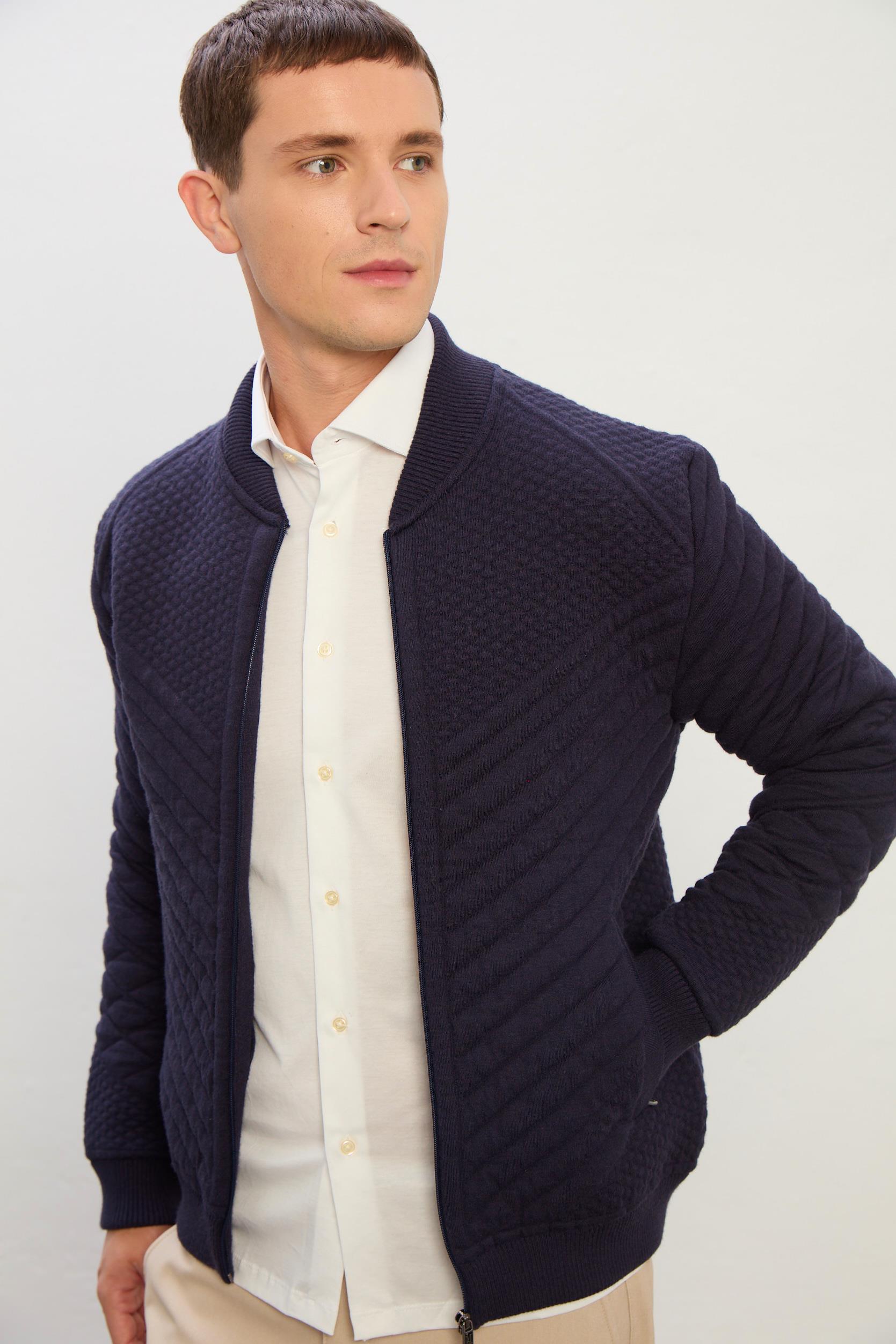 Aurora Dik Yaka Fermuarlı Erkek Hırka-Lacivert