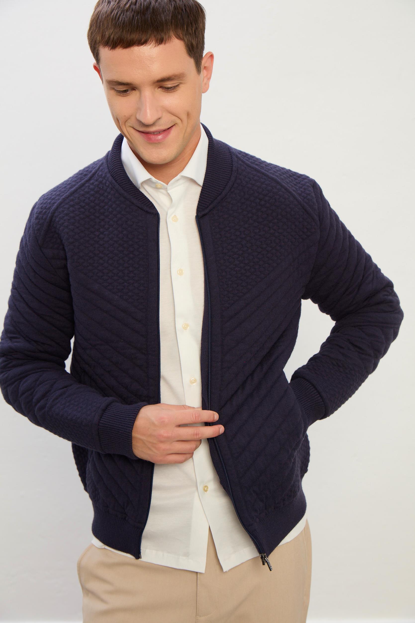 Aurora Dik Yaka Fermuarlı Erkek Hırka-Lacivert