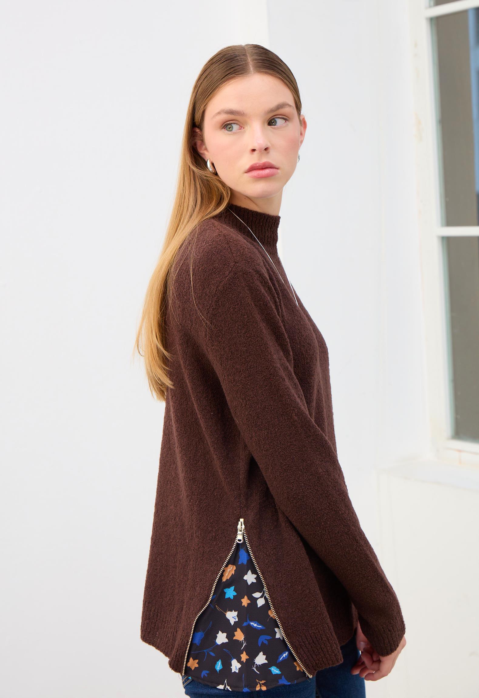 Clara Fermuar Detaylı Triko Kazak-Kahve