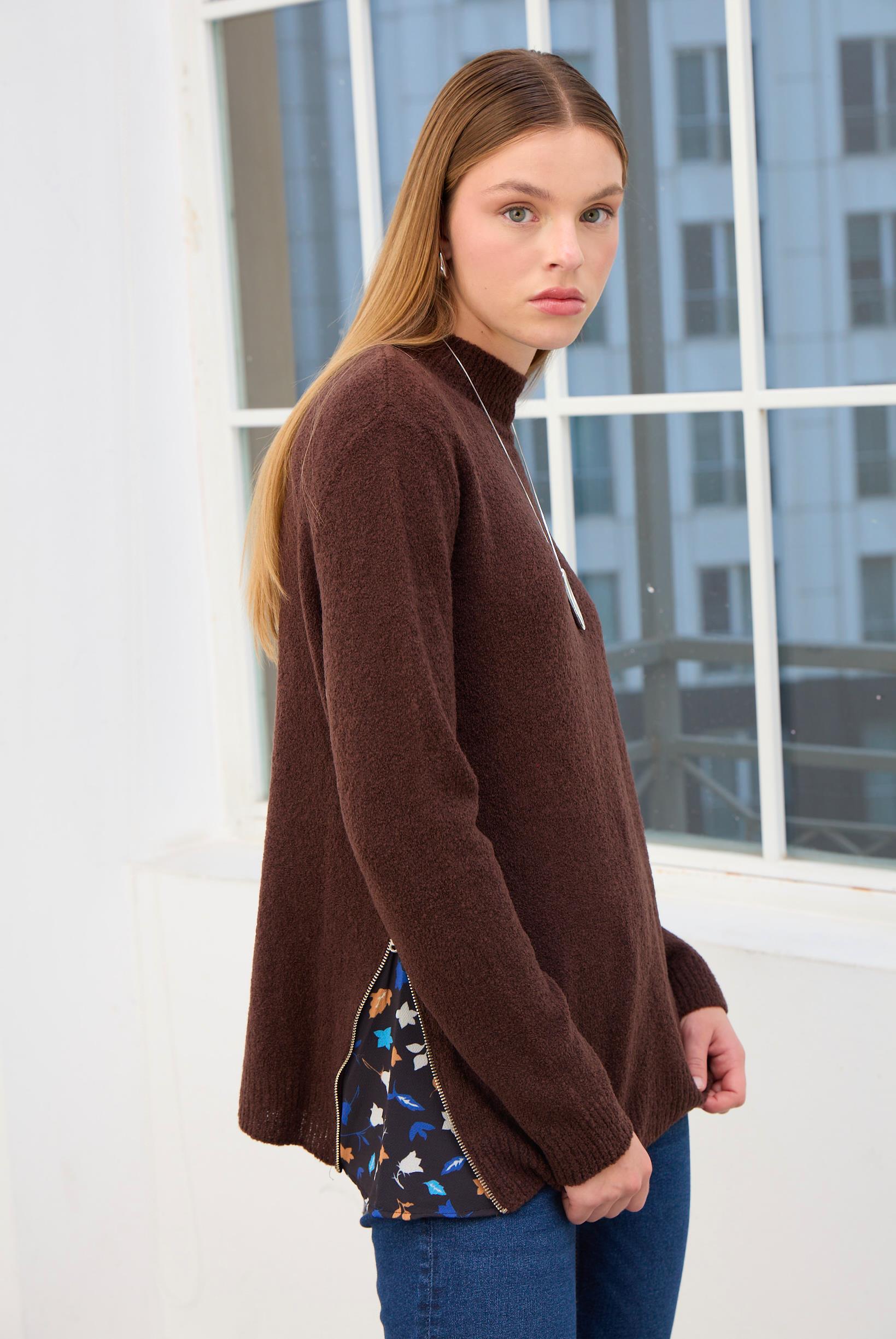 Clara Fermuar Detaylı Triko Kazak-Kahve