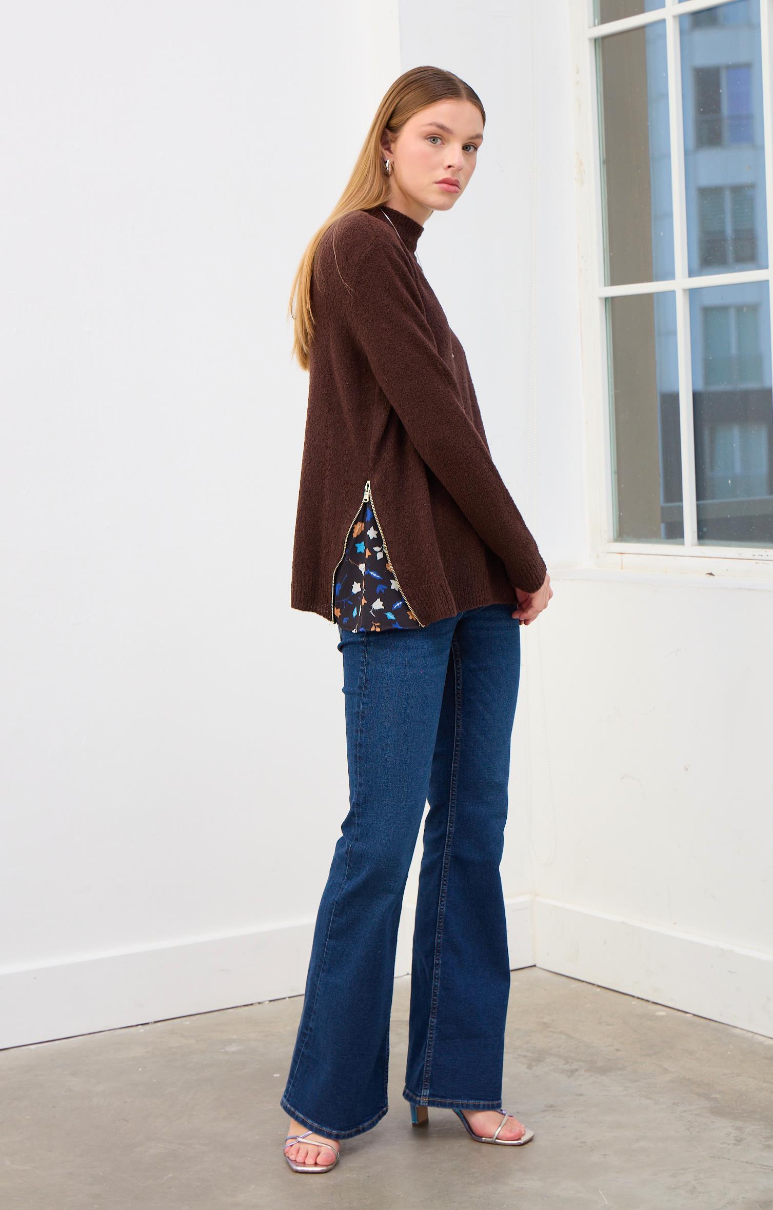 Clara Fermuar Detaylı Triko Kazak-Kahve