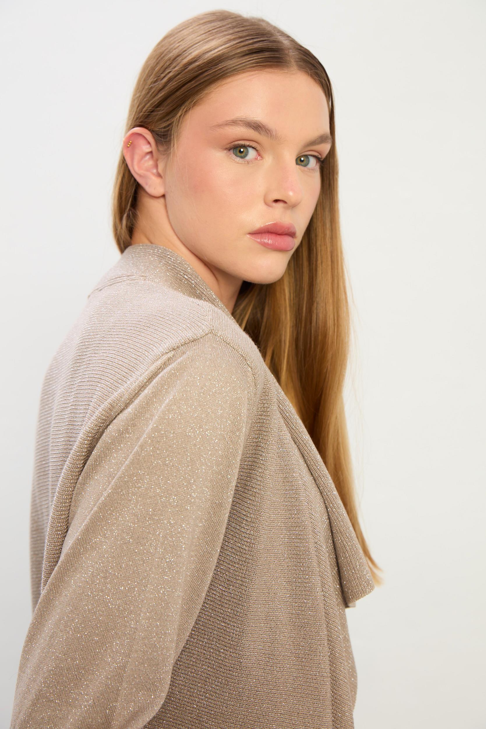 Ella Dökümlü Triko Hırka-VİZON GÜMÜŞ