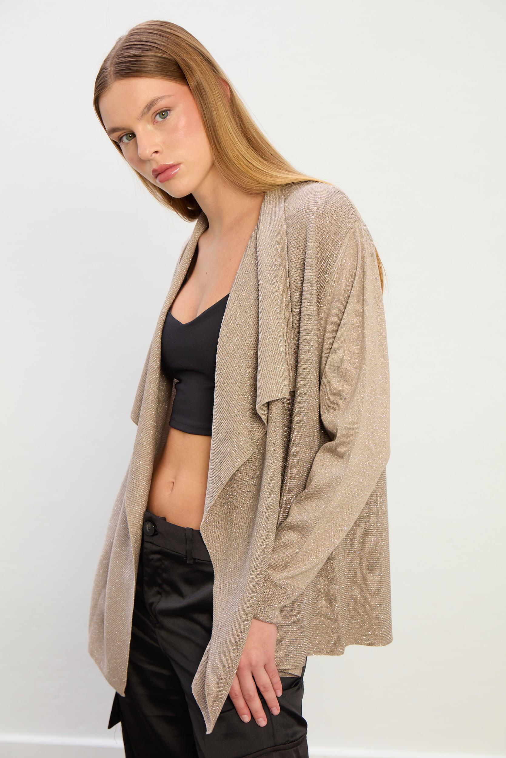 Ella Dökümlü Triko Hırka-VİZON GÜMÜŞ