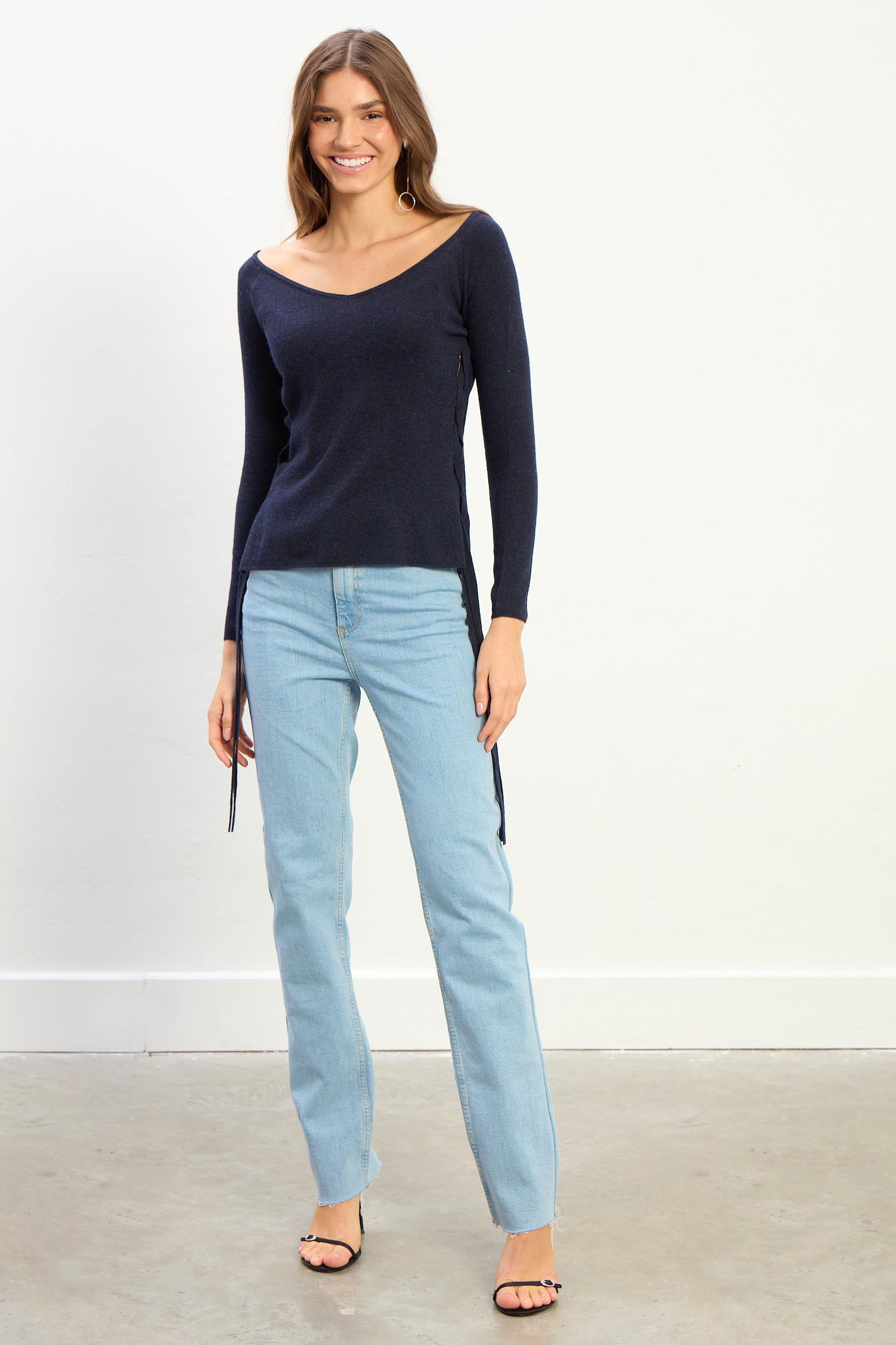 Elora Kadın Yan Bağlama Detaylı Triko Bluz-Lacivert