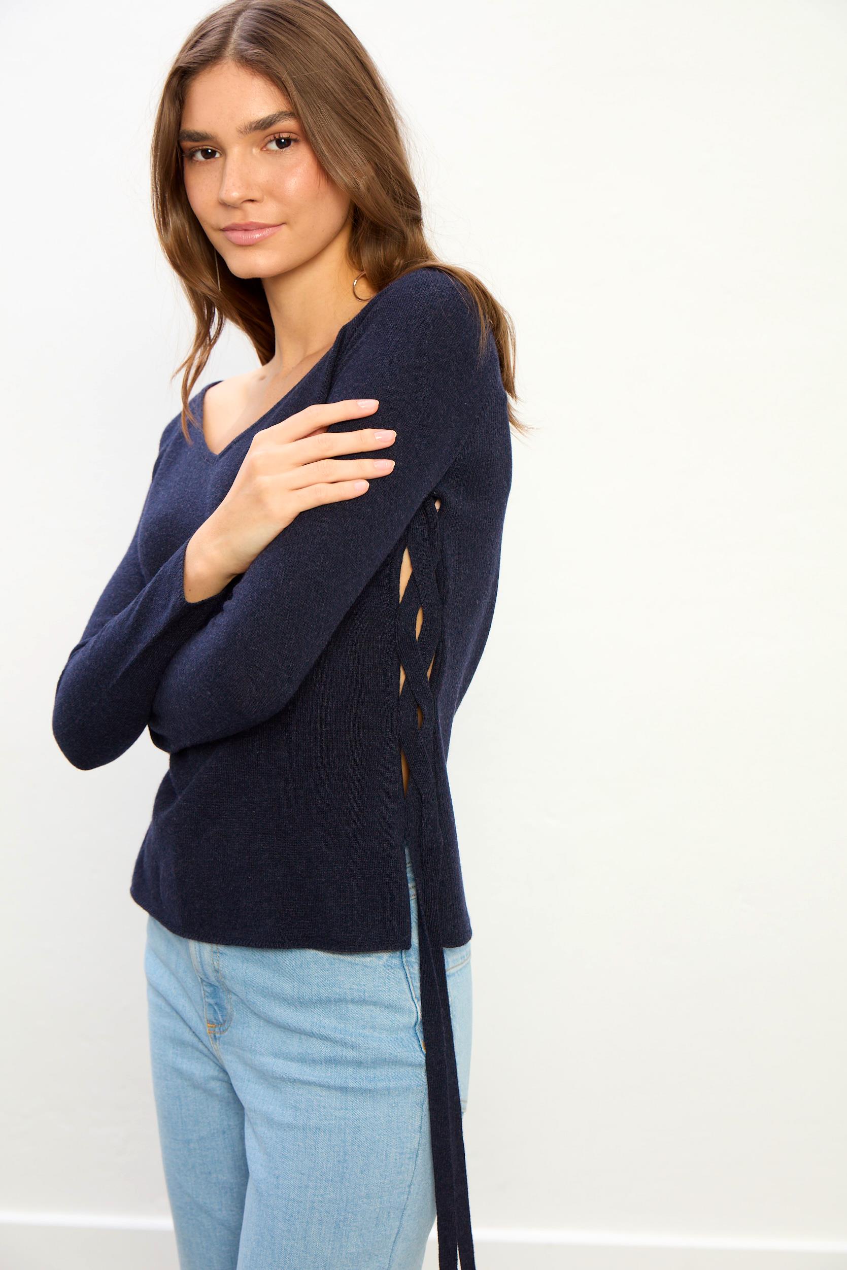 Elora Kadın Yan Bağlama Detaylı Triko Bluz-Lacivert