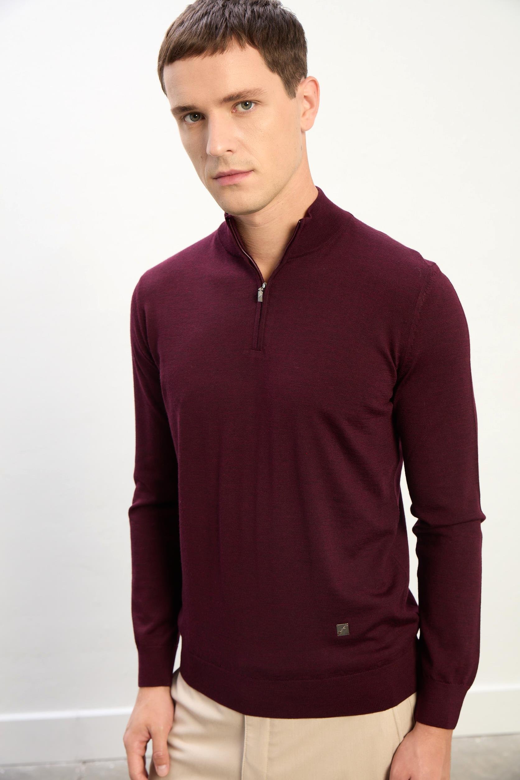 Jasper Erkek Fermuarlı Polo Yaka Triko Kazak-Bordo