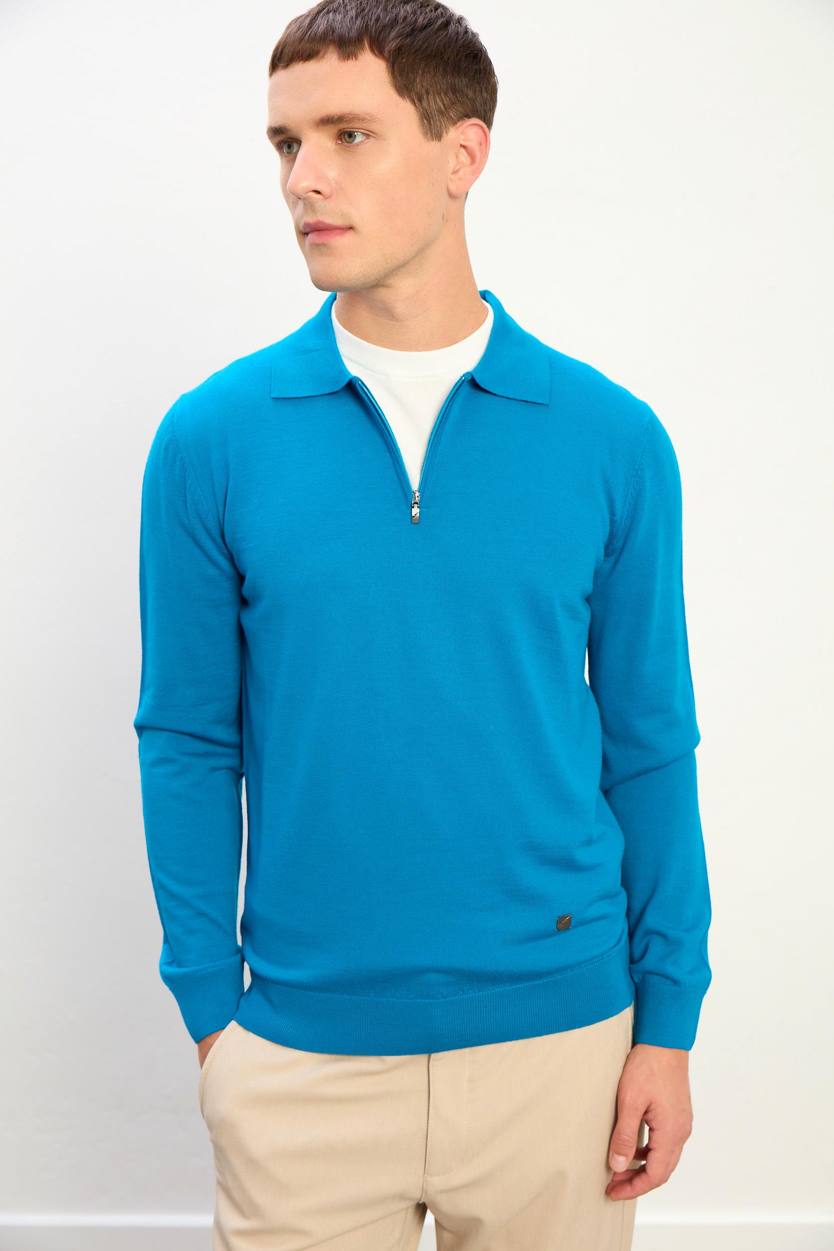 Jasper Erkek Fermuarlı Polo Yaka Triko Kazak-Mavi