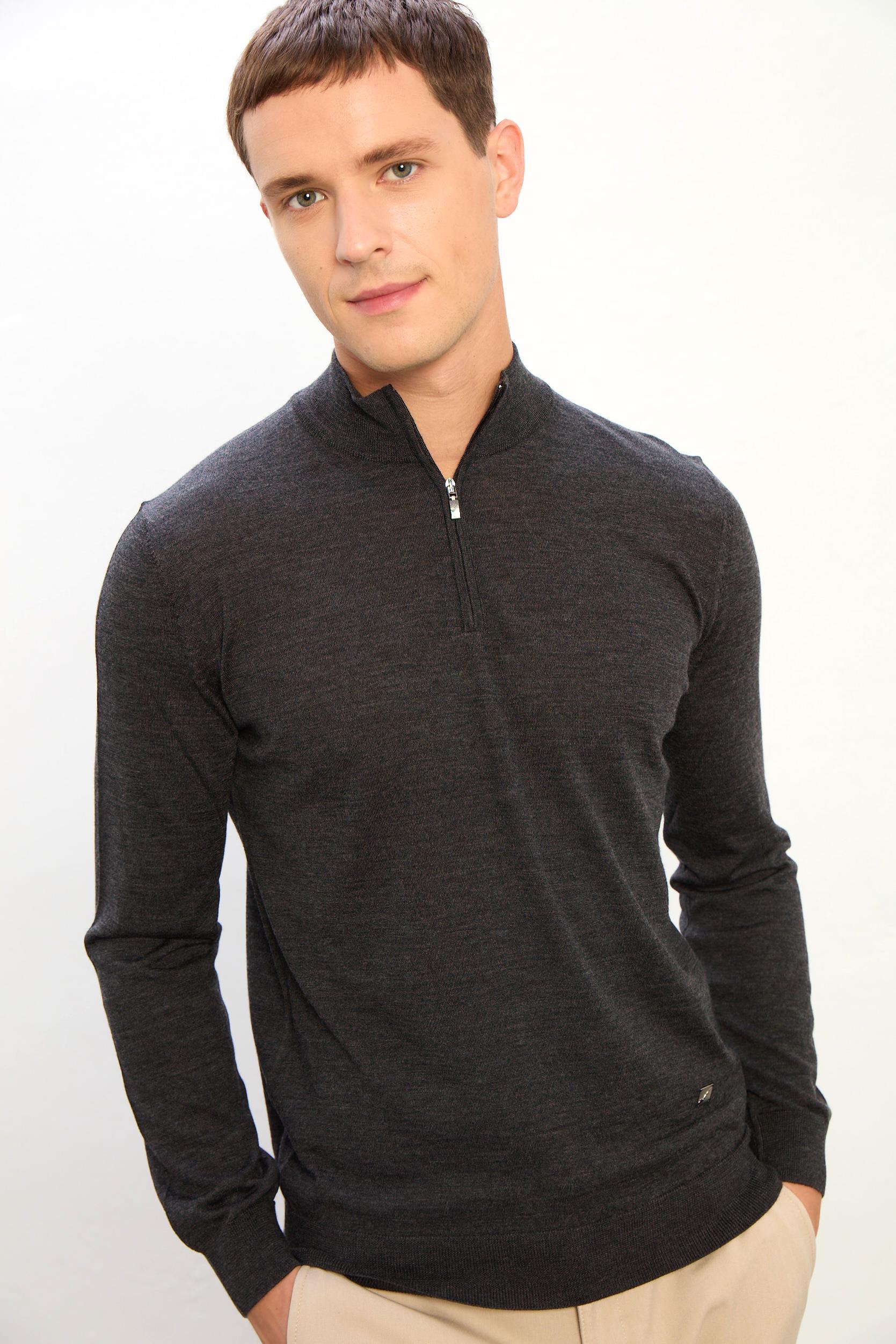 Jasper Erkek Fermuarlı Polo Yaka Triko Kazak-Siyah
